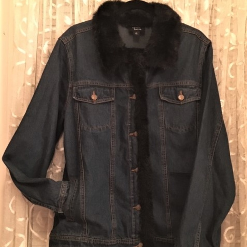 Denim Jacket w/ Faux Fur Collar and Trim